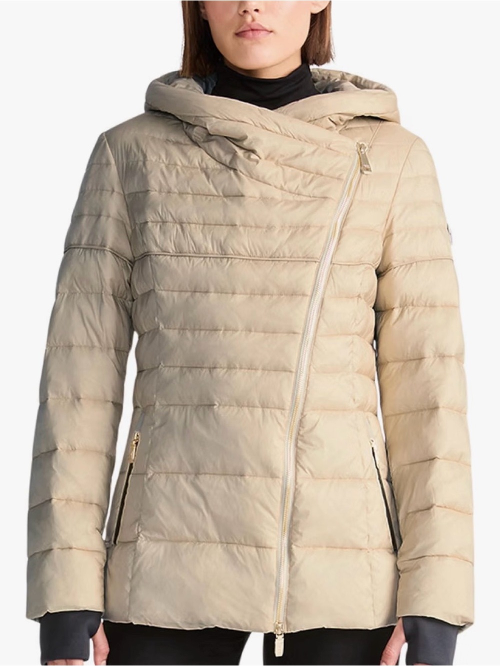 TUMI Women's Asymmetrical Zip Cowl Neck Quilted Midweight Puffer Coat